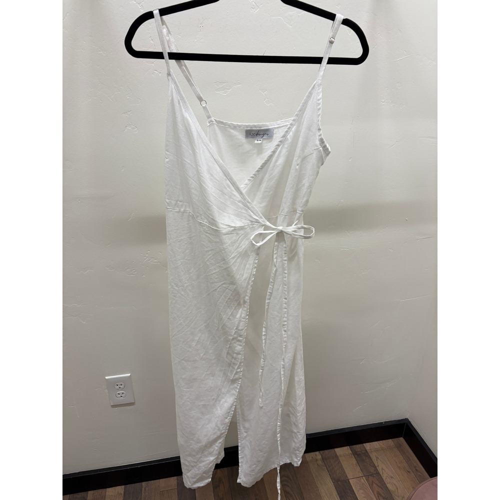 LJC Designs White 100% Linen Wrap Midi Dress‎ Adjustable Straps Womens SM